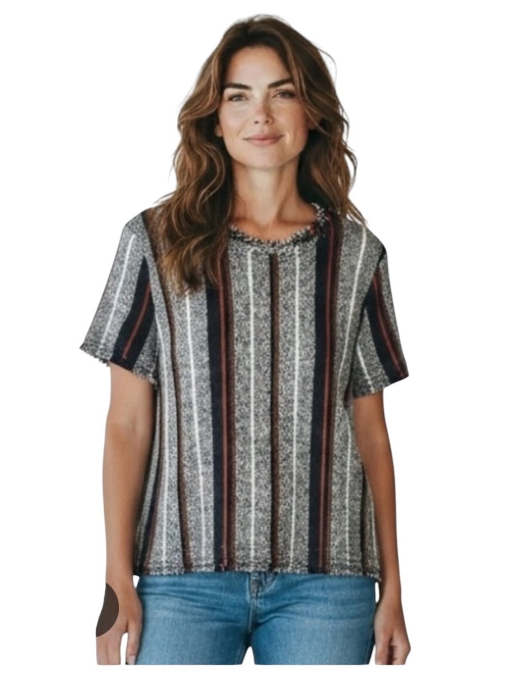 Ann Taylor Textured Woven Striped Short Sleeve Top Blue Orange Size Medium